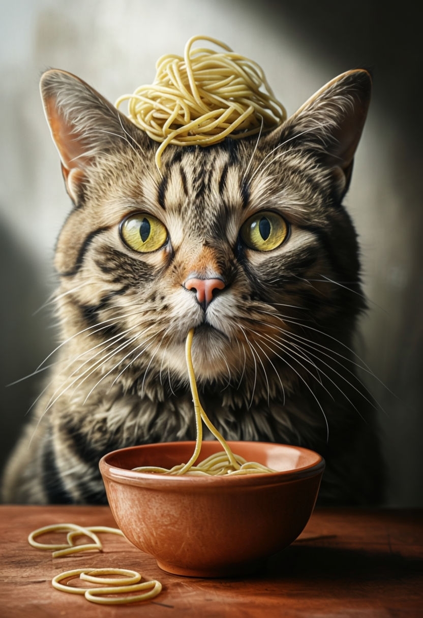 Cinematic Hyperrealistic Brown Tabby Cat with Spaghetti Art