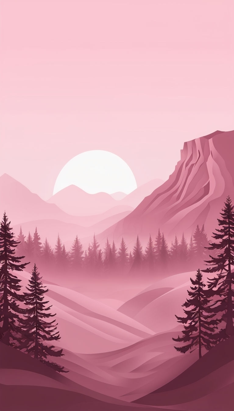 Serene Pink Landscape Illustration with Mountains and Trees Mobile Wallpaper