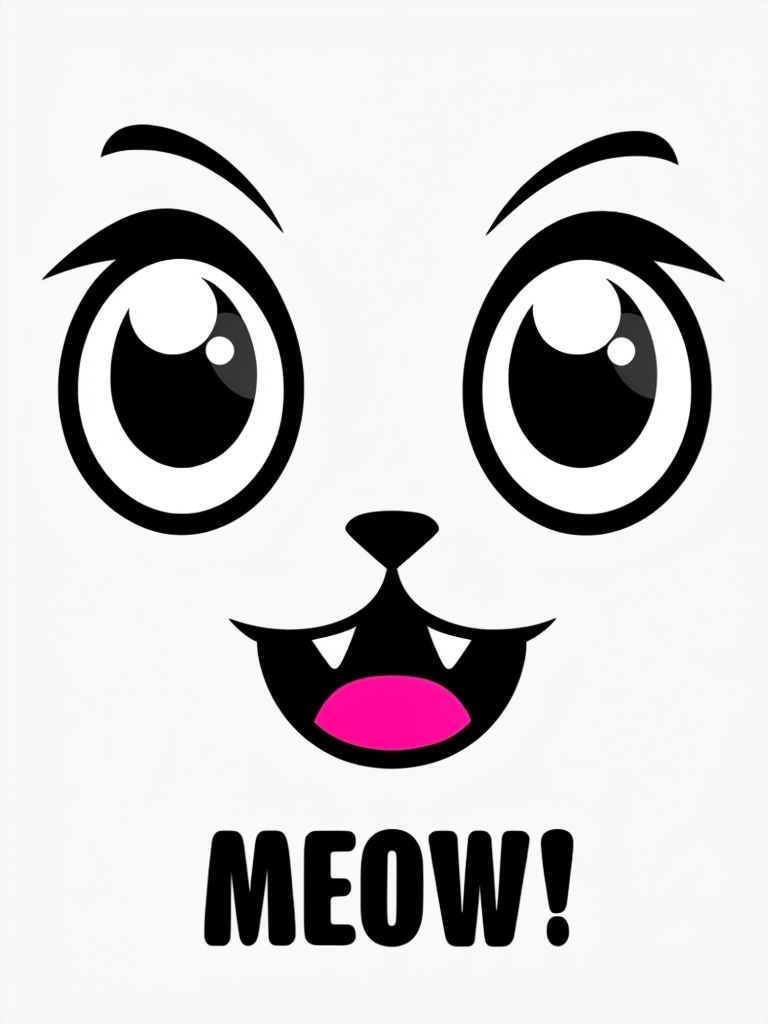 Minimalist Cartoon Cat Face with Meow Text T-Shirt