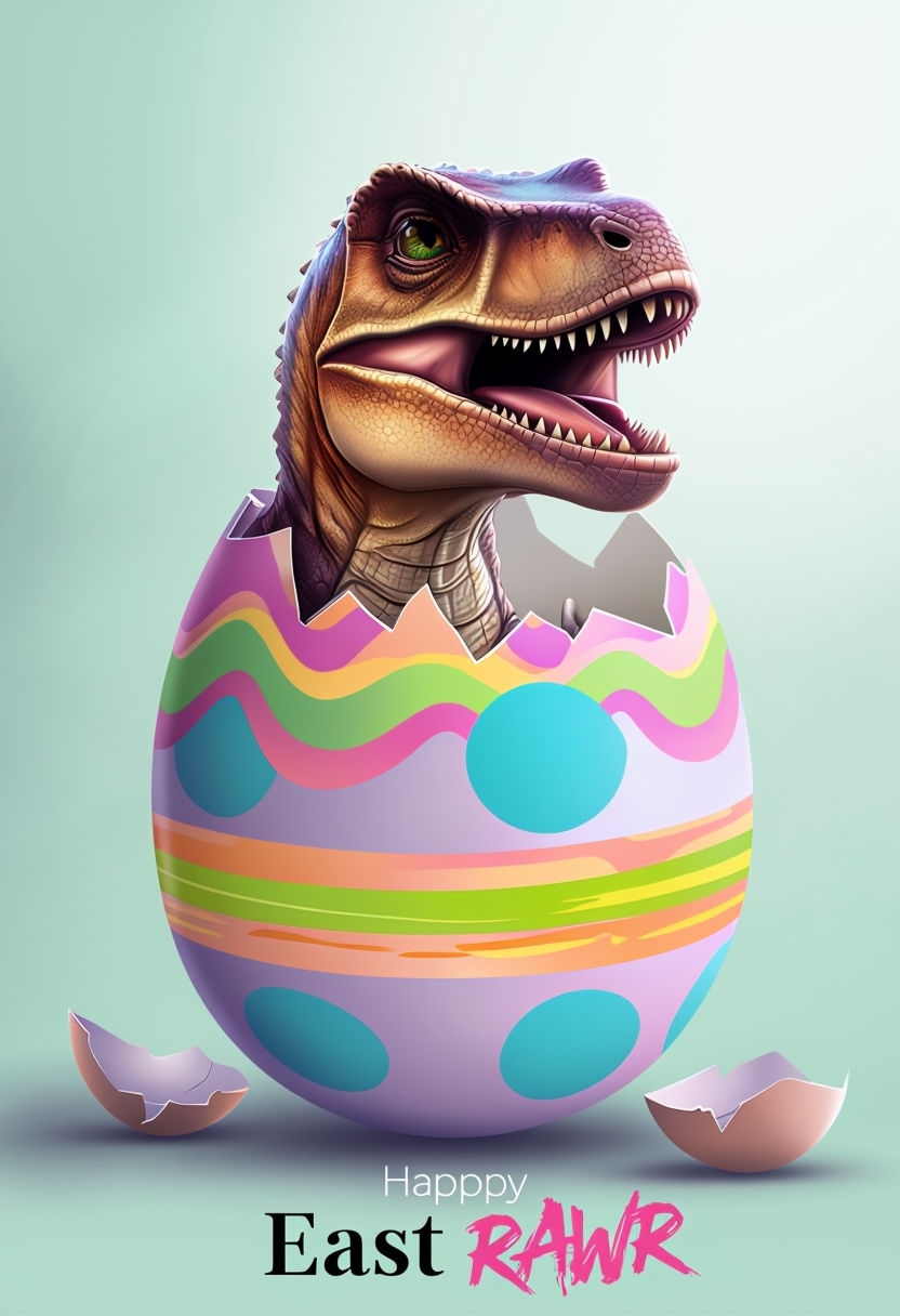 Colorful Dinosaur Breaking Out of Easter Egg Illustration Card