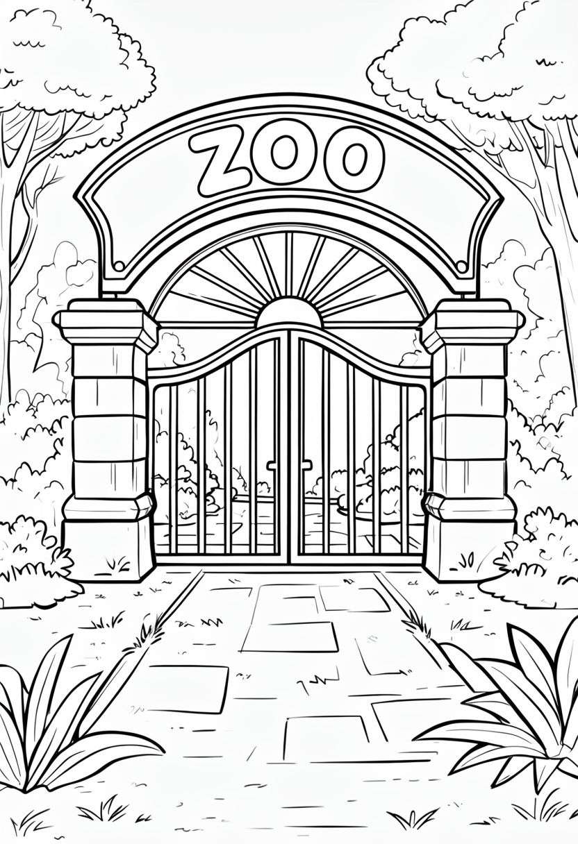 Cartoon Zoo Entrance Black and White Line Drawing Coloring Page
