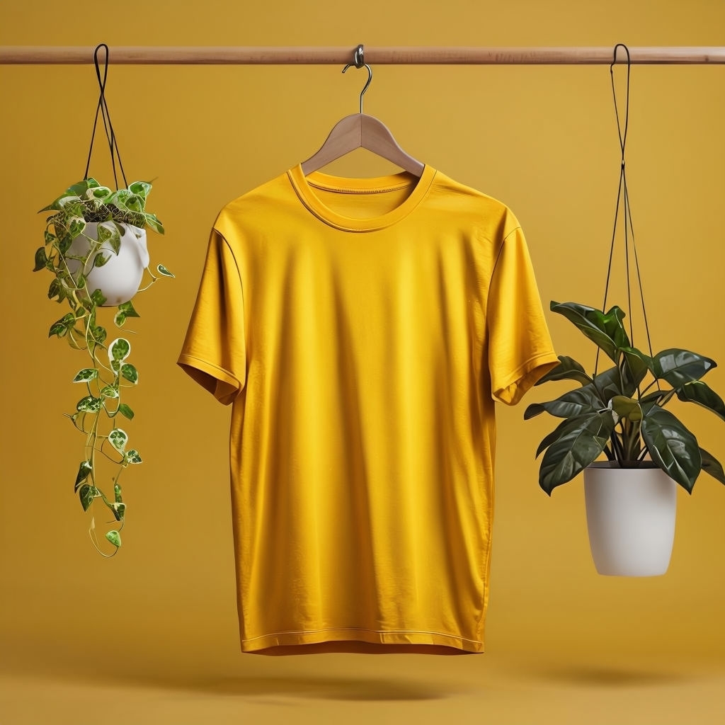 Vibrant Yellow Minimalist T-Shirt Mockup with Plants