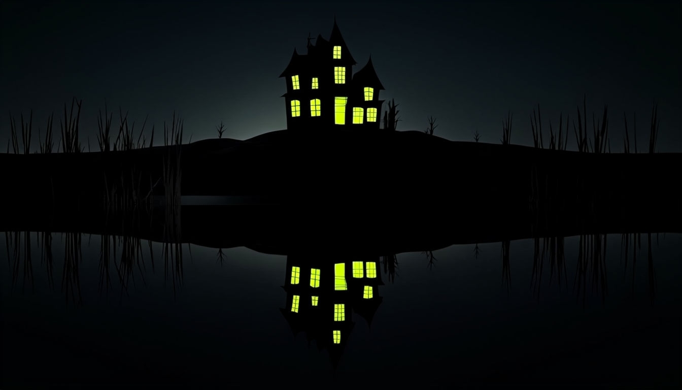 Haunted House Reflection in Dark Water Wallpaper Design Virtual Backgrounds