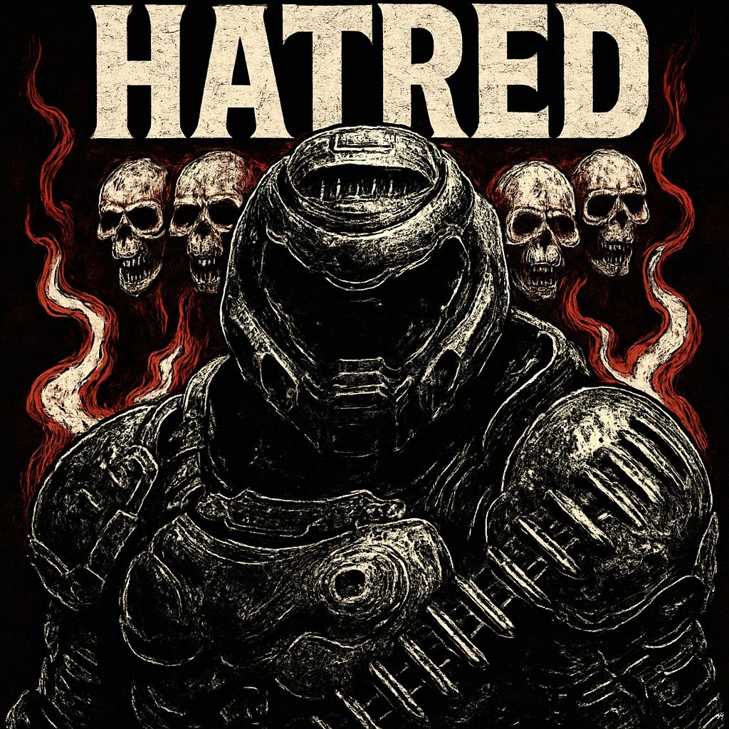 Dark Gothic Armor Figure with Skulls and Hatred Text Album Cover