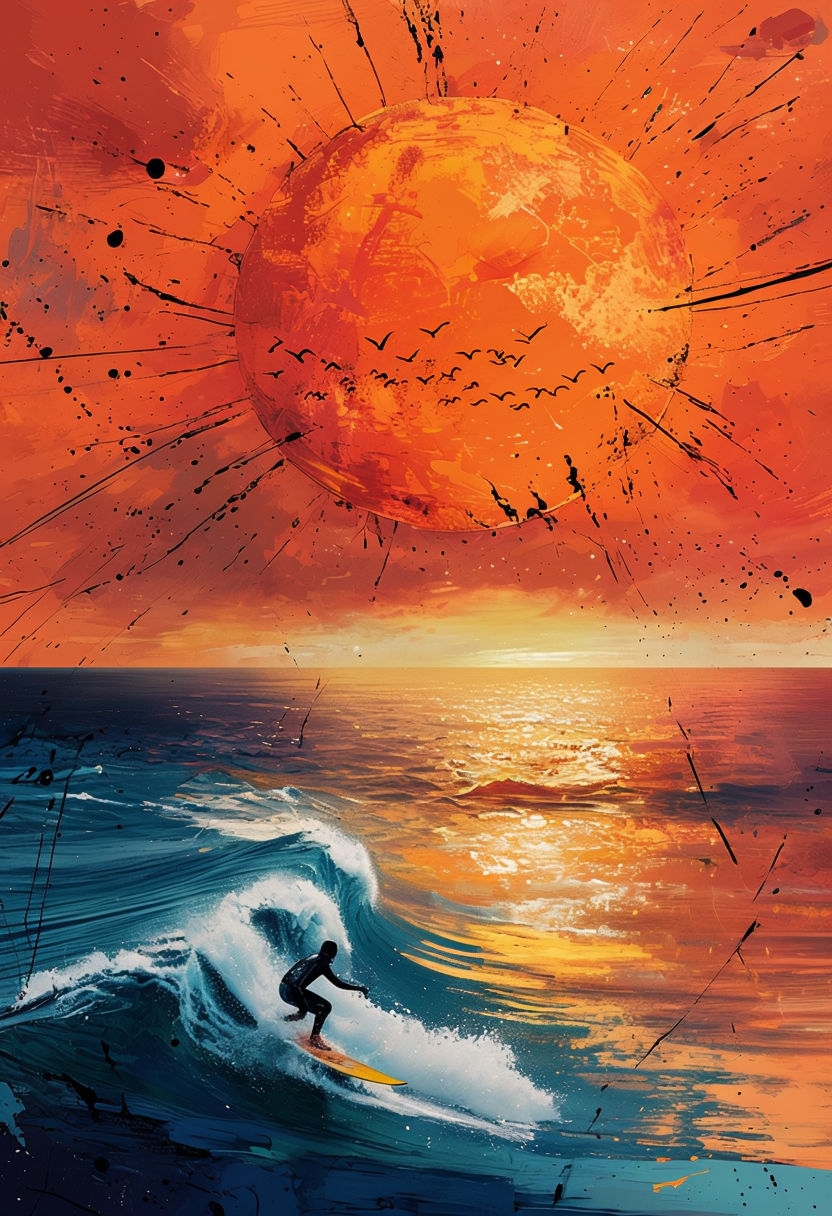 Dynamic Ocean Surfing at Sunset Digital Art Poster