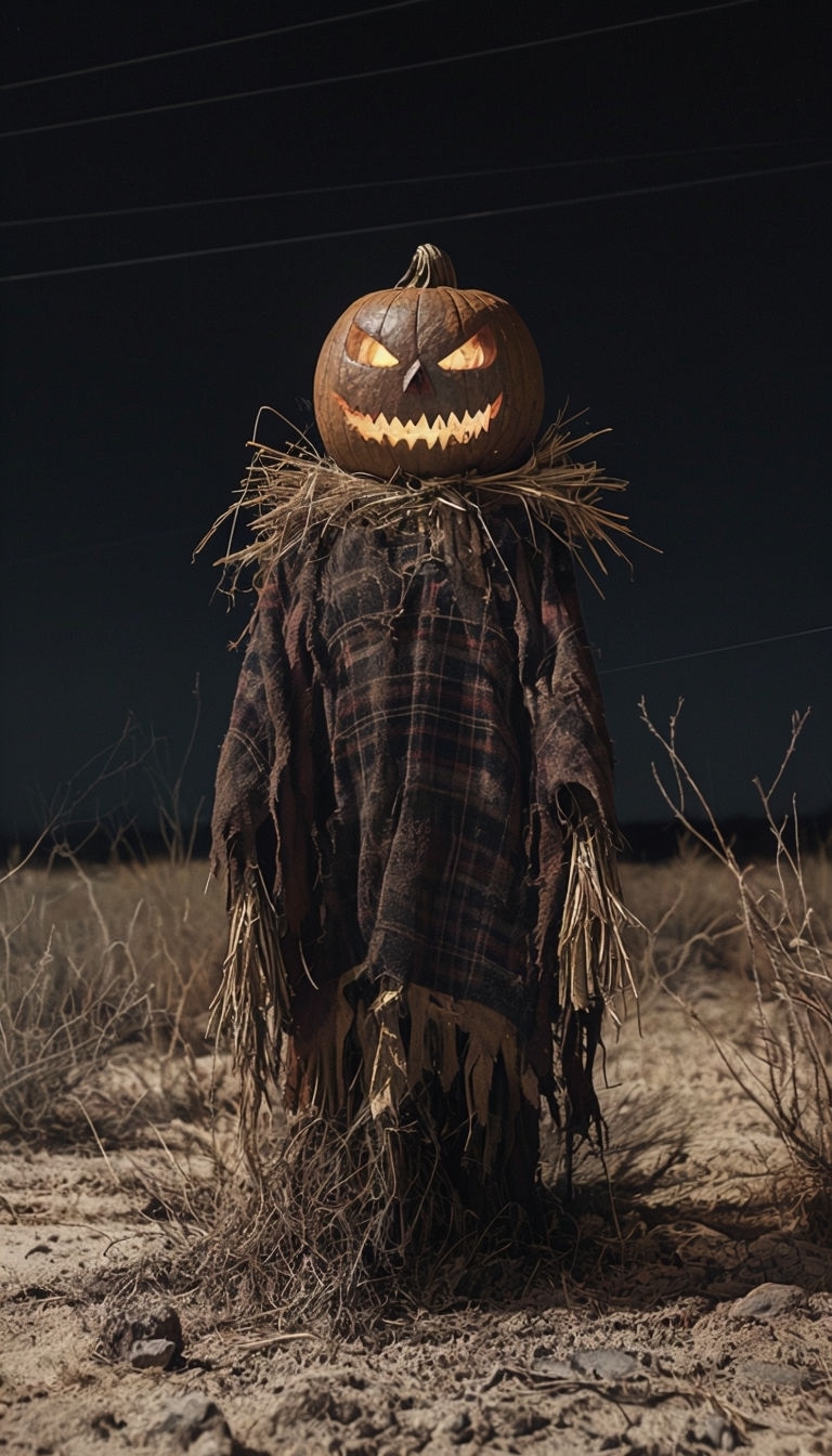 Eerie Pumpkin Head Scarecrow in Dark Desert Landscape Mobile Wallpaper