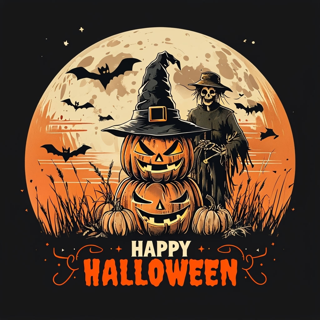 Vintage Halloween Jack-O'-Lantern and Scarecrow T-Shirt