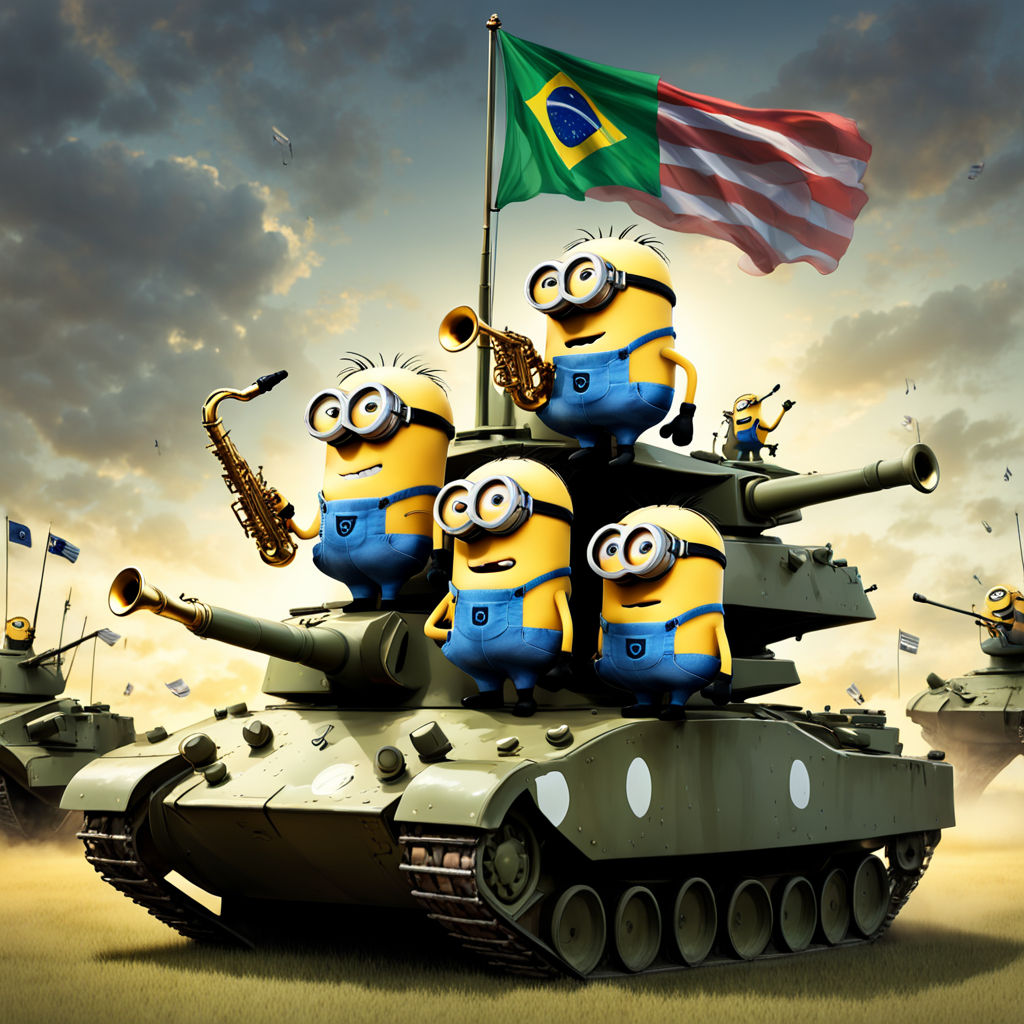 Minions engaging in a saxophone duet atop a military tank by Jazzronimo ...