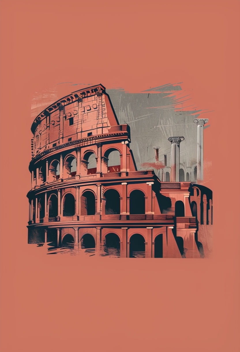 Bold Woodblock Print Colosseum Design on Terracotta T-Shirt