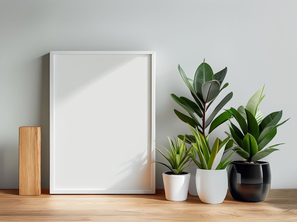 Minimalist Interior Scene with White Frame and Potted Plants Mockup