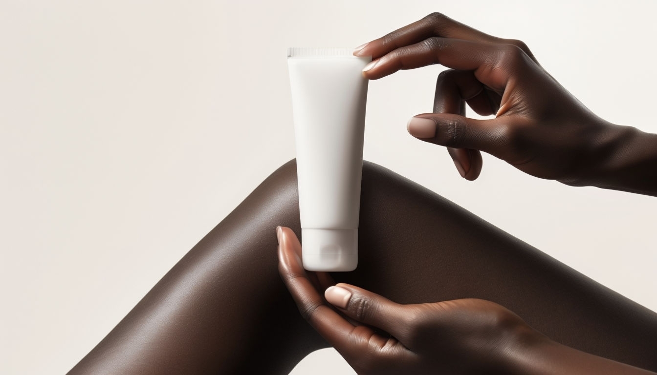 Elegant Dark Skin Hand Holding White Cosmetic Tube Mockup