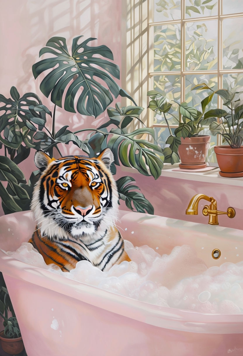 Serene Tiger in Pink Bathtub Surrounded by Lush Plants Art