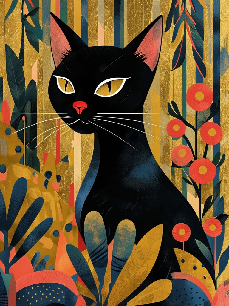 Mystical Black Cat with Abstract Floral Elements Artwork