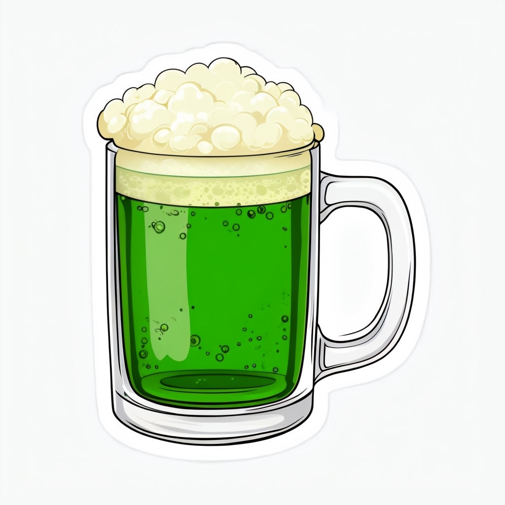 Vibrant Cartoon Glass Mug with Green Drink and Foamy Head Sticker