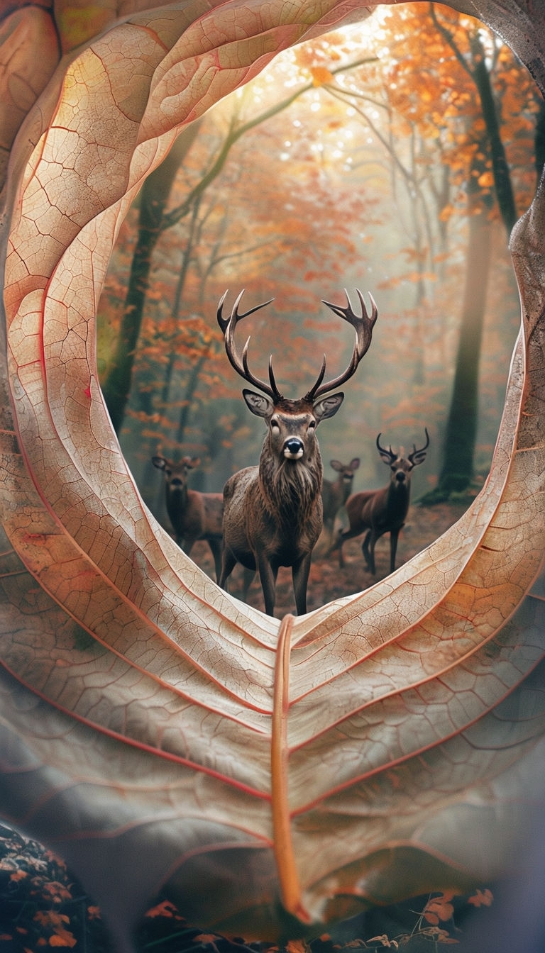 Surreal Inside Leaf Perspective with Deer in Autumn Forest Art