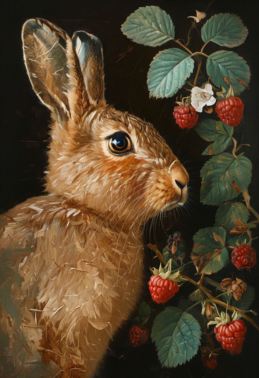 Realistic Brown Hare Surrounded by Raspberries and Foliage Art