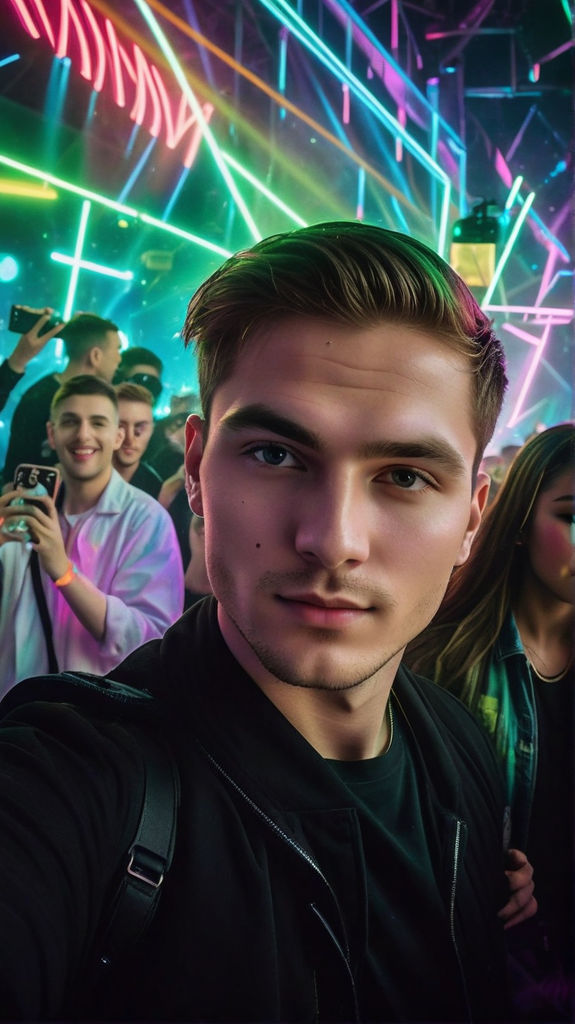 Young man captures selfies amid a techno music scene by Irina Coneest ...