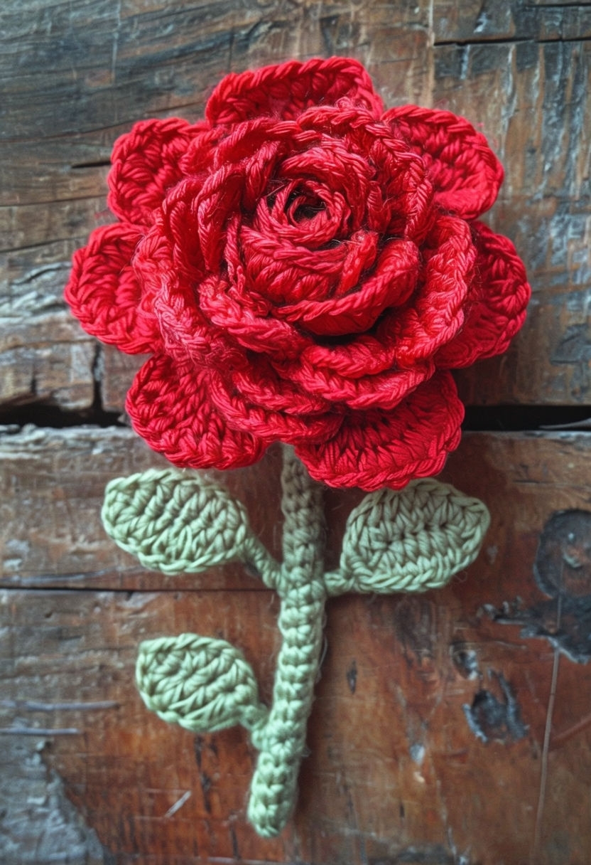 Handcrafted Crimson Crochet Rose on Rustic Wood Background Art