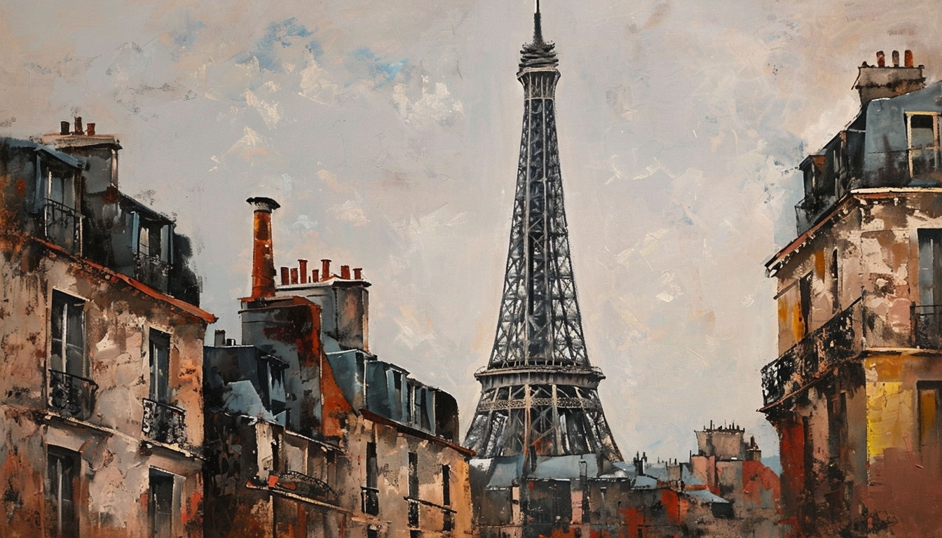 Nostalgic Parisian Urban Scene Featuring the Eiffel Tower Background
