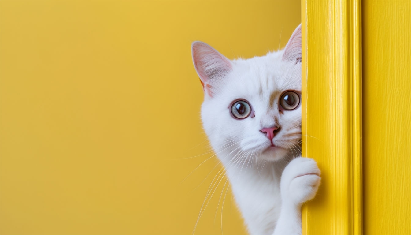 Curious White Cat Peering from Bright Yellow Door Frame Background