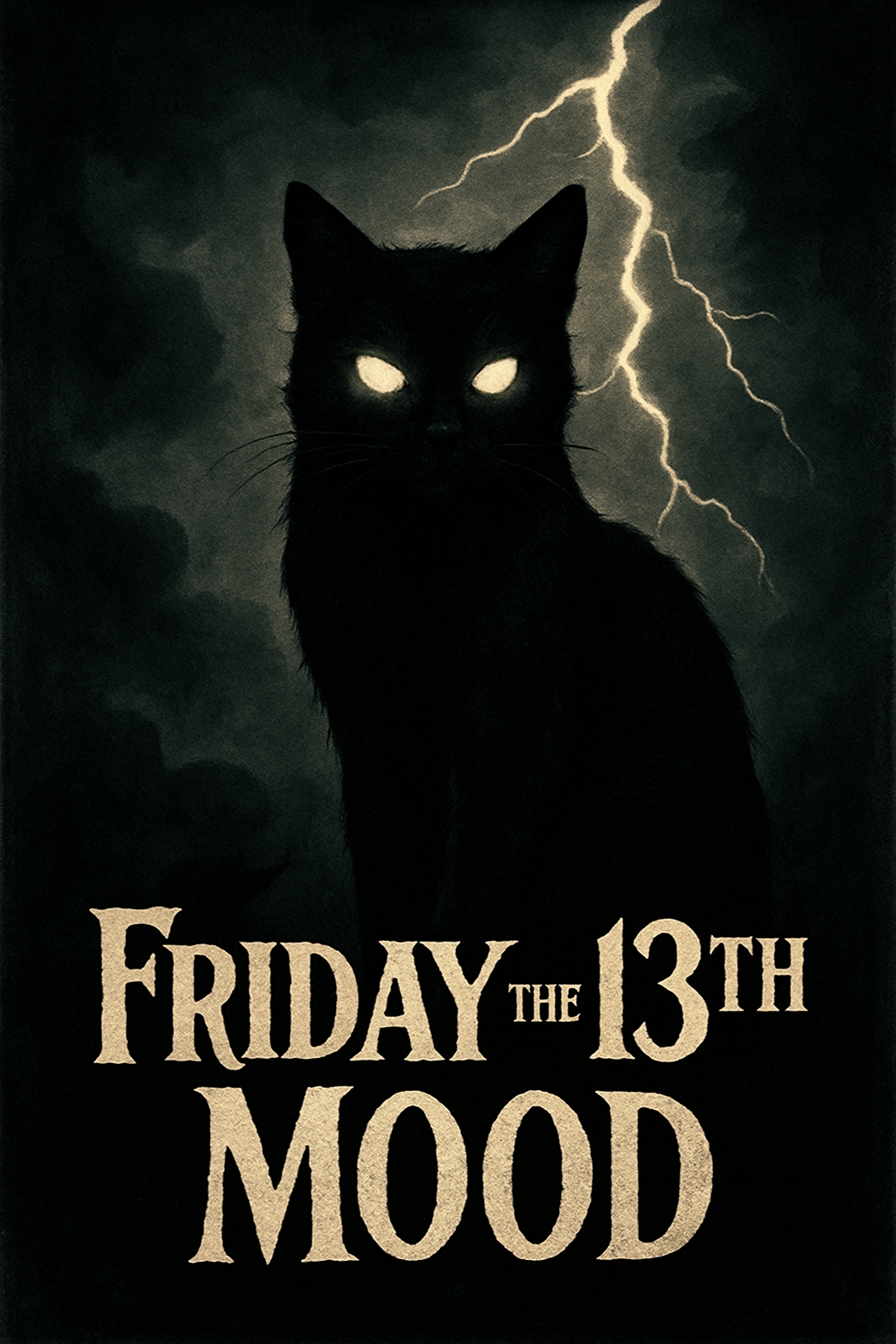 Eerie Black Cat with Glowing Eyes and Lightning Storm Poster