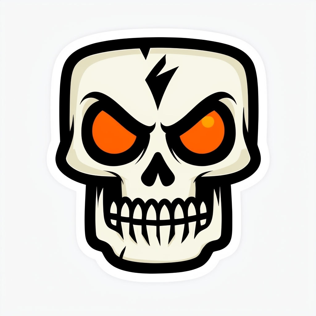 Eerie Cartoon Skull Illustration with Orange Eyes Sticker