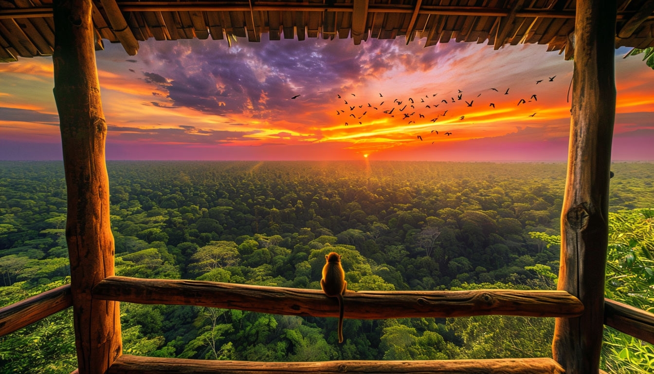 Sunset View from Treehouse Balcony with Jungle and Monkey Virtual Background