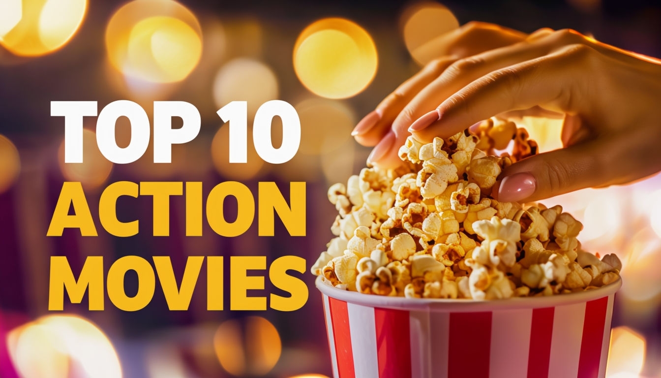 Delicious Popcorn in Cinematic Setting with Top 10 Action Movies Social Media Post