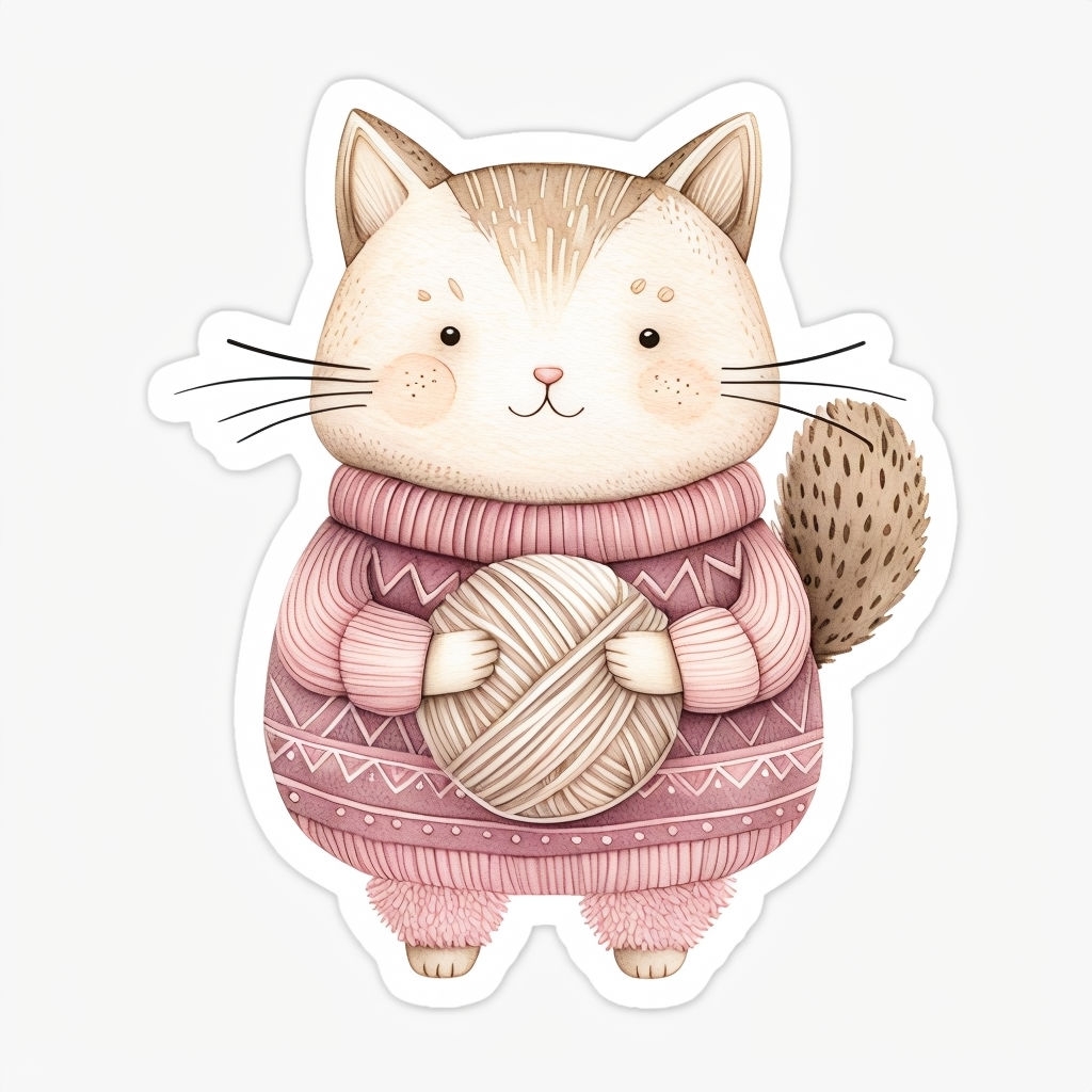 Whimsical Watercolor Cat with Yarn Ball Sticker Design