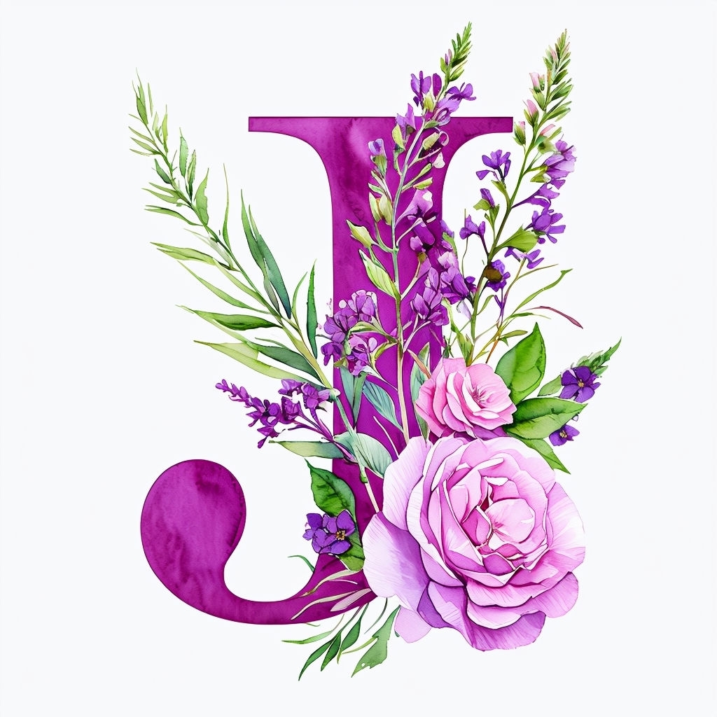 Floral Monogram 'J' Watercolor Illustration with Vibrant Colors Monogram