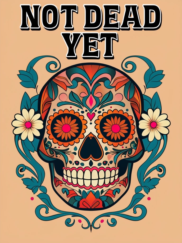 Vibrant Sugar Skull Coloring Book Cover 'NOT DEAD YET' Poster