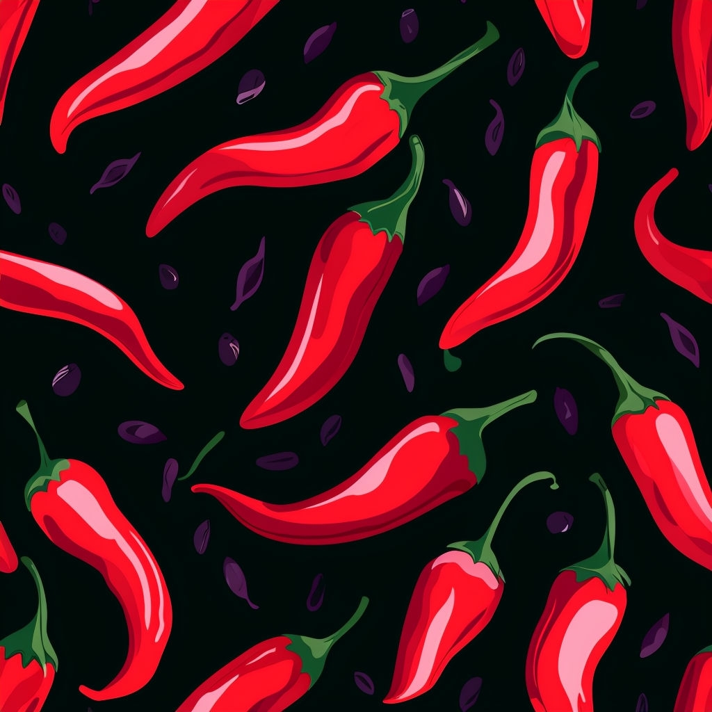 Vibrant Red Chili Peppers Seamless Pattern on Black Background Seamless Pattern