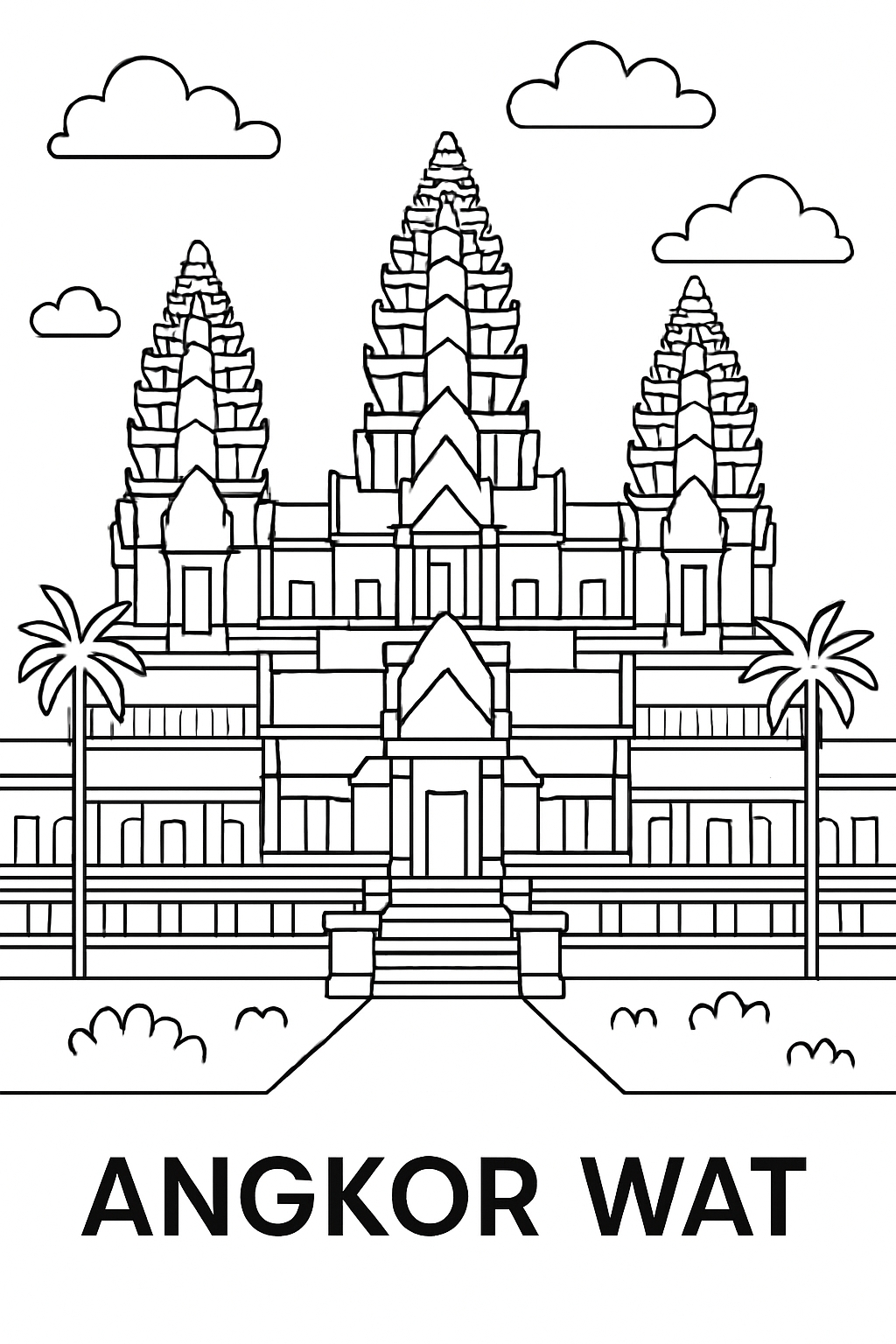 Minimalist Black and White Angkor Wat Drawing Coloring Page