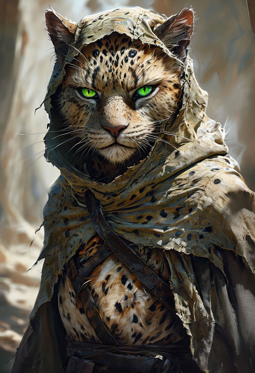 Adventurous Feline Character in Tattered Robe Art