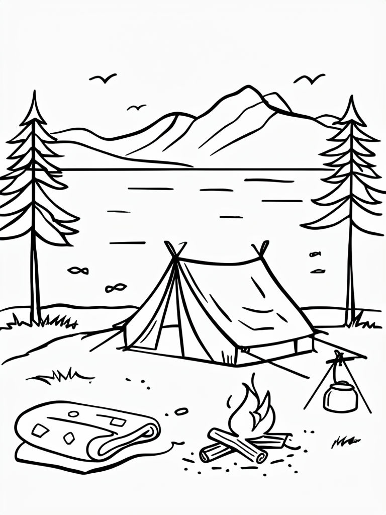 Quaint Campsite by Tranquil Lake Outline Drawing for Coloring Book Pages