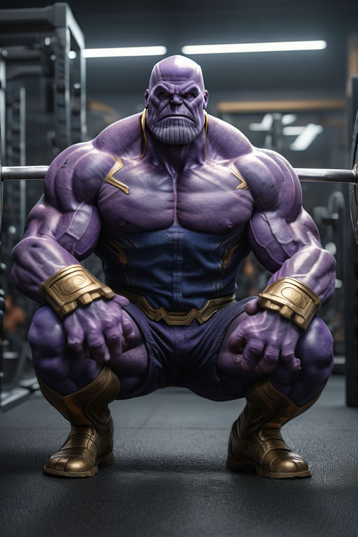 Create a realistic image of Thanos doing squats with heavy w... by ...