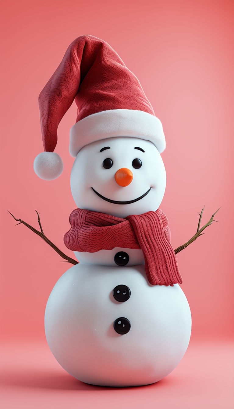 Cheerful 3D Snowman on Coral Pink Background Mobile Wallpaper