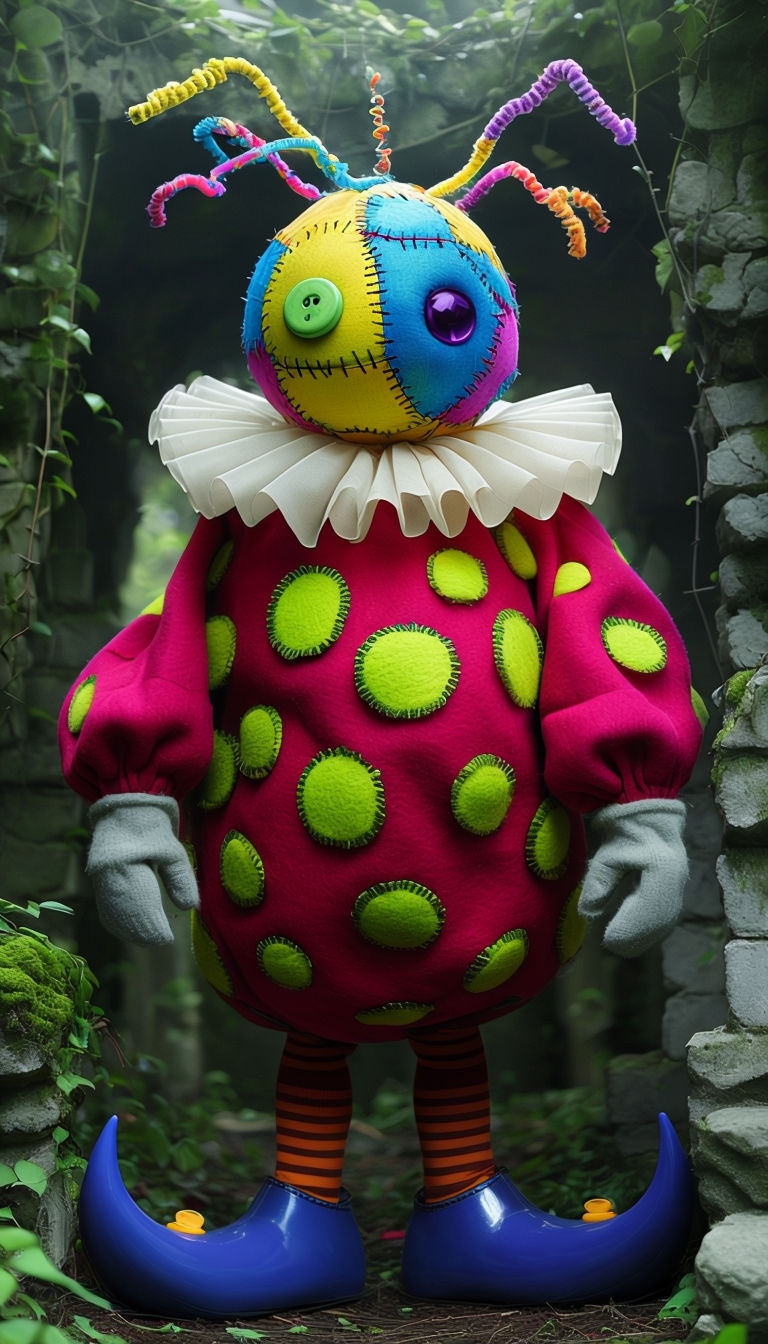 Whimsical Fabric Puppet Character in Overgrown Ruins Art