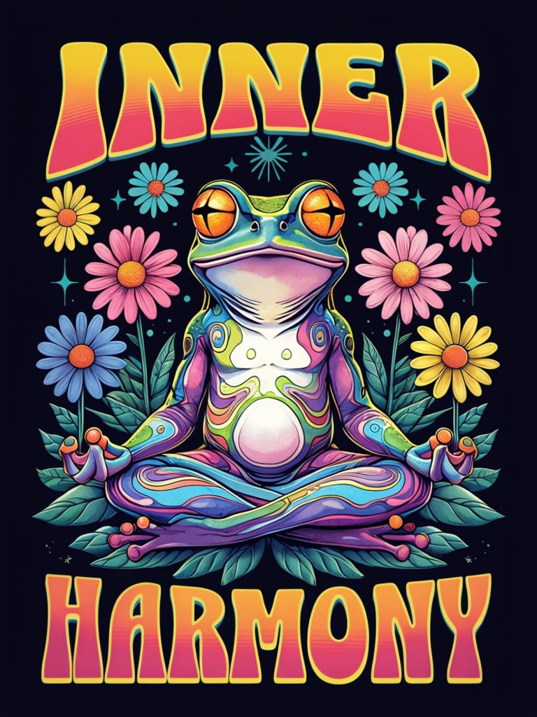 Psychedelic Frog Meditation with Colorful Daisies and Retro Text Poster