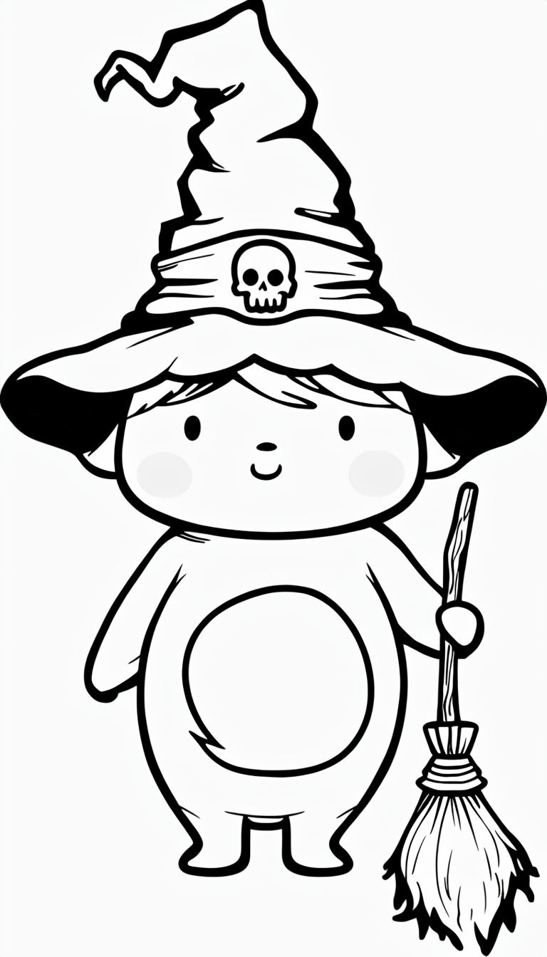 Cute Black-and-White Cartoon Witch Character Mobile Wallpaper