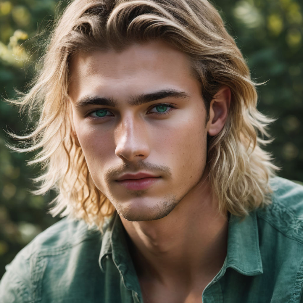 man with green eyes and blond straight hair