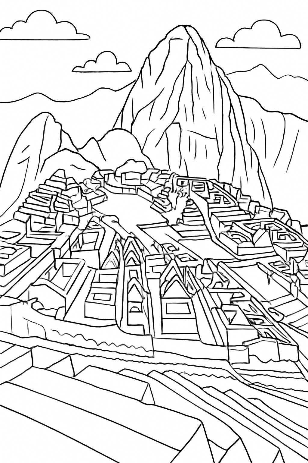 Ancient Incan Machu Picchu Line Drawing for Coloring Book Pages