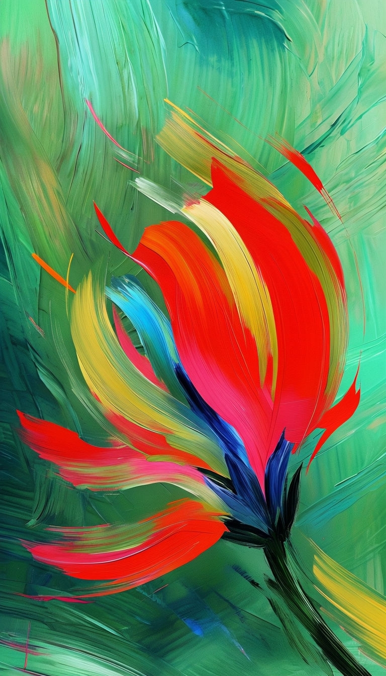 Vibrant Scarlet Red Flower Bloom with Energetic Brushstrokes Mobile Wallpaper