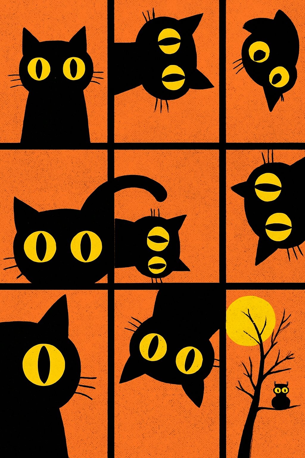 Whimsical Black Cats Halloween Illustration in 3x3 Grid Poster