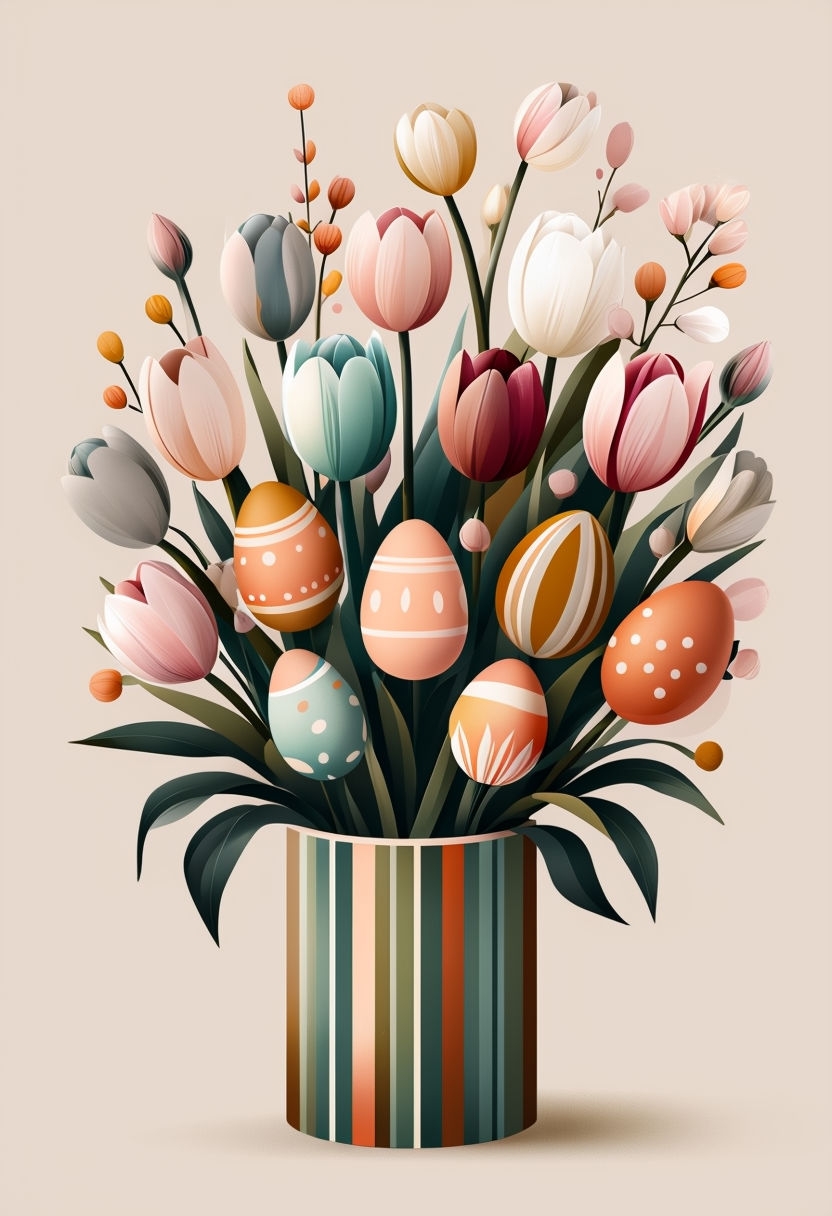 Vibrant Floral Bouquet with Easter Eggs in Modern Vase Poster