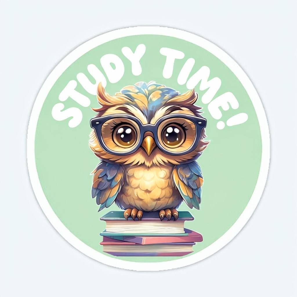 Adorable Owl with Glasses on Books Study Time Sticker