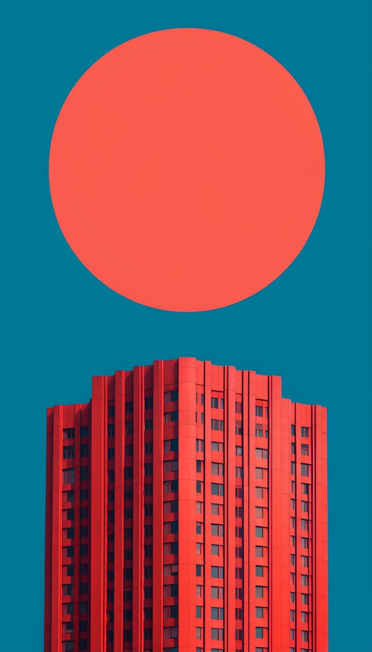 Modern Dark Red High-Rise Building on Sky Blue Background Art