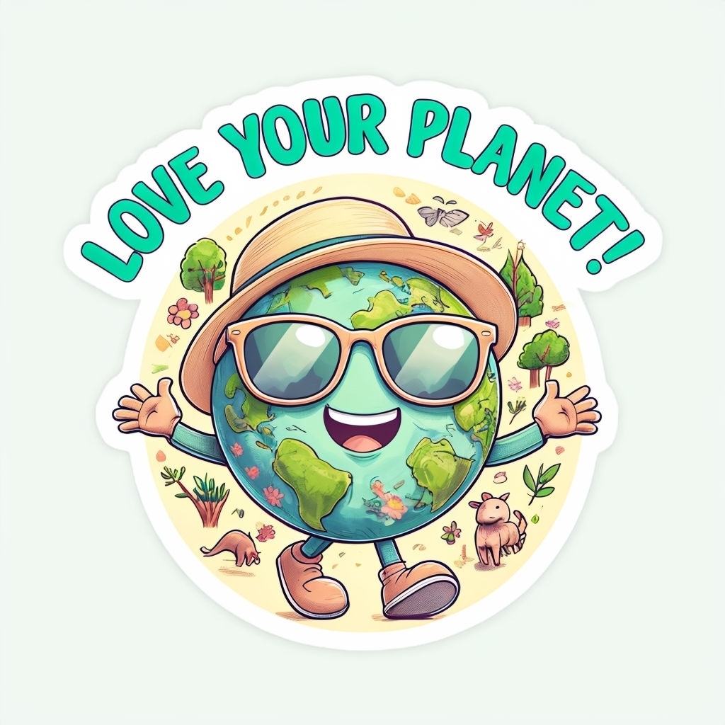 Happy Cartoon Earth Character Love Your Planet Sticker