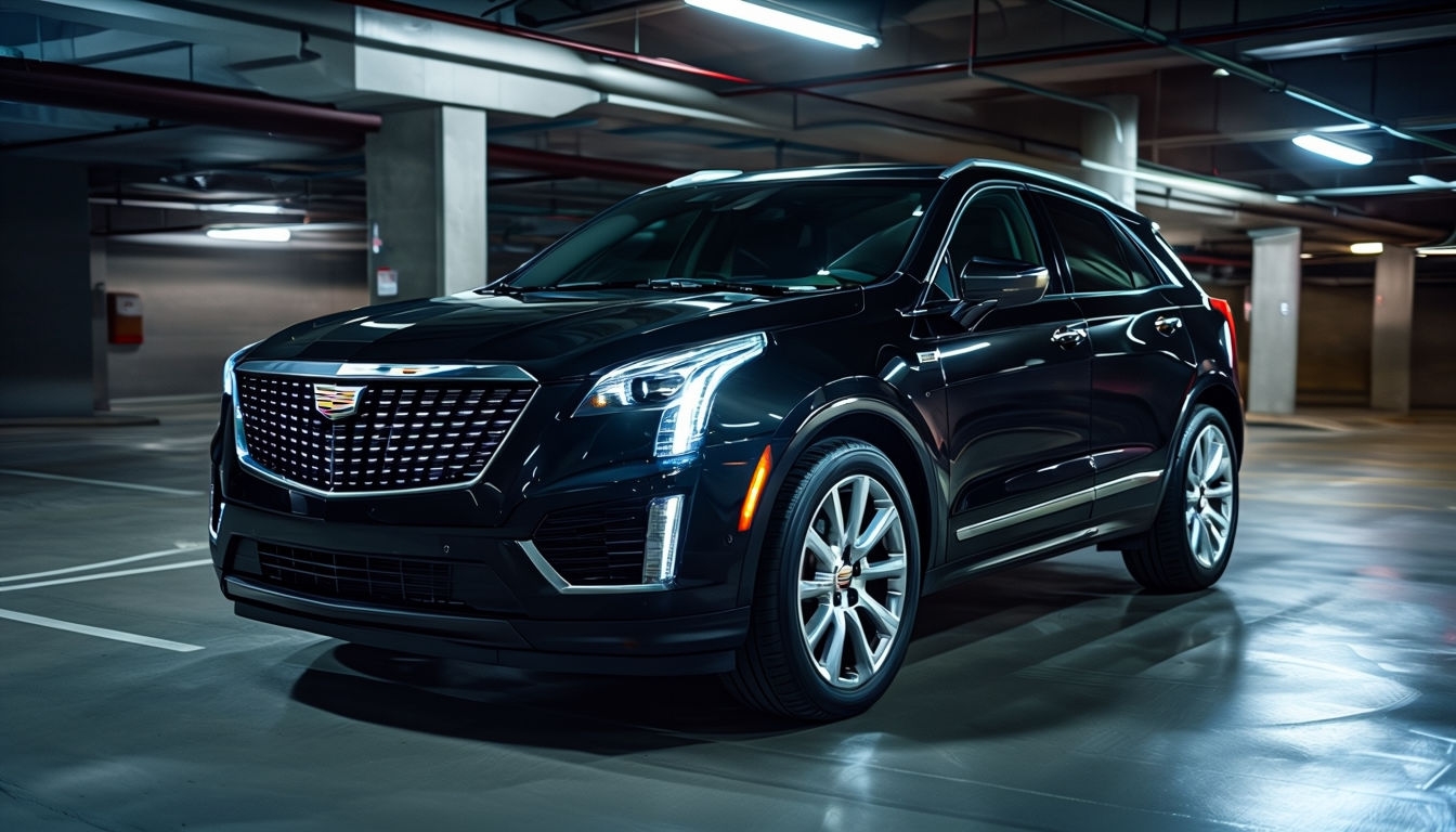 Sleek Black Cadillac XT5 SUV in Indoor Parking Garage Virtual Background