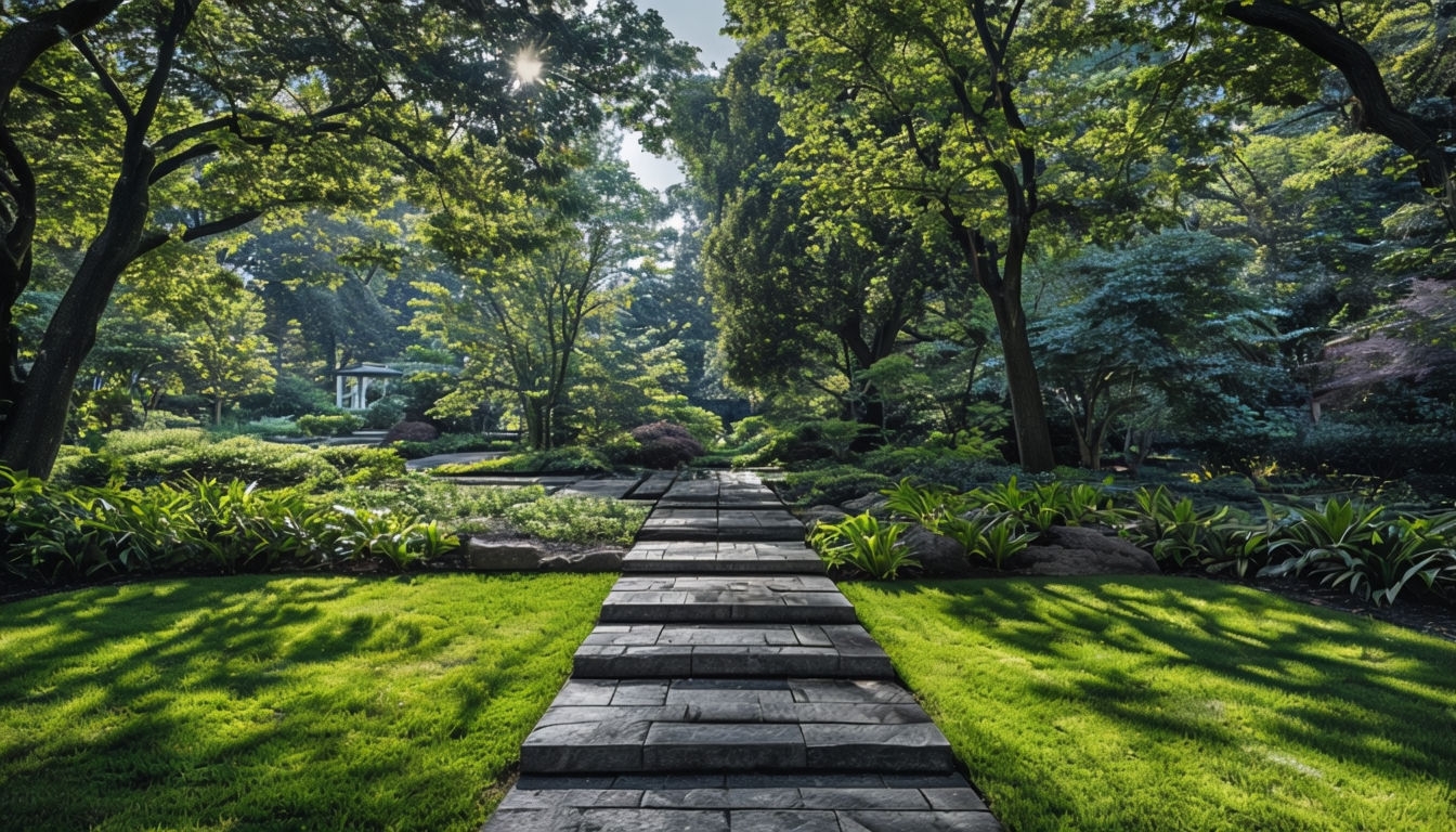 Serene Garden Pathway with Lush Greenery Virtual Background